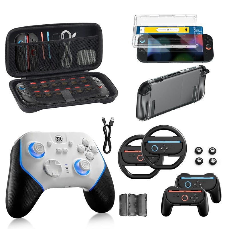 BINBOK Pro Controllers Accessories Bundle for Nintendo Switch 2 18-in-1: Carrying Case, Screen Protector, Thumb Grip for Joycon, Dockable Console Protective Cover Shell, Steering Wheel, 2025 Switch2 Game Kit (Black-White Controller (Elite)) - Image 1